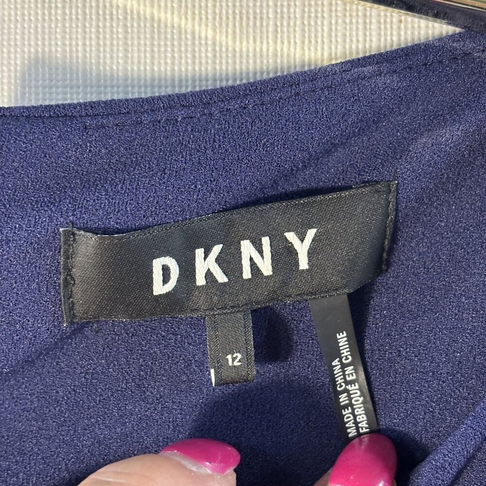 DKNY Navy Blue Bell Sleeve Sheath Dress With Tiered Ruffle Detail Zipper Closure - Picture 3 of 8